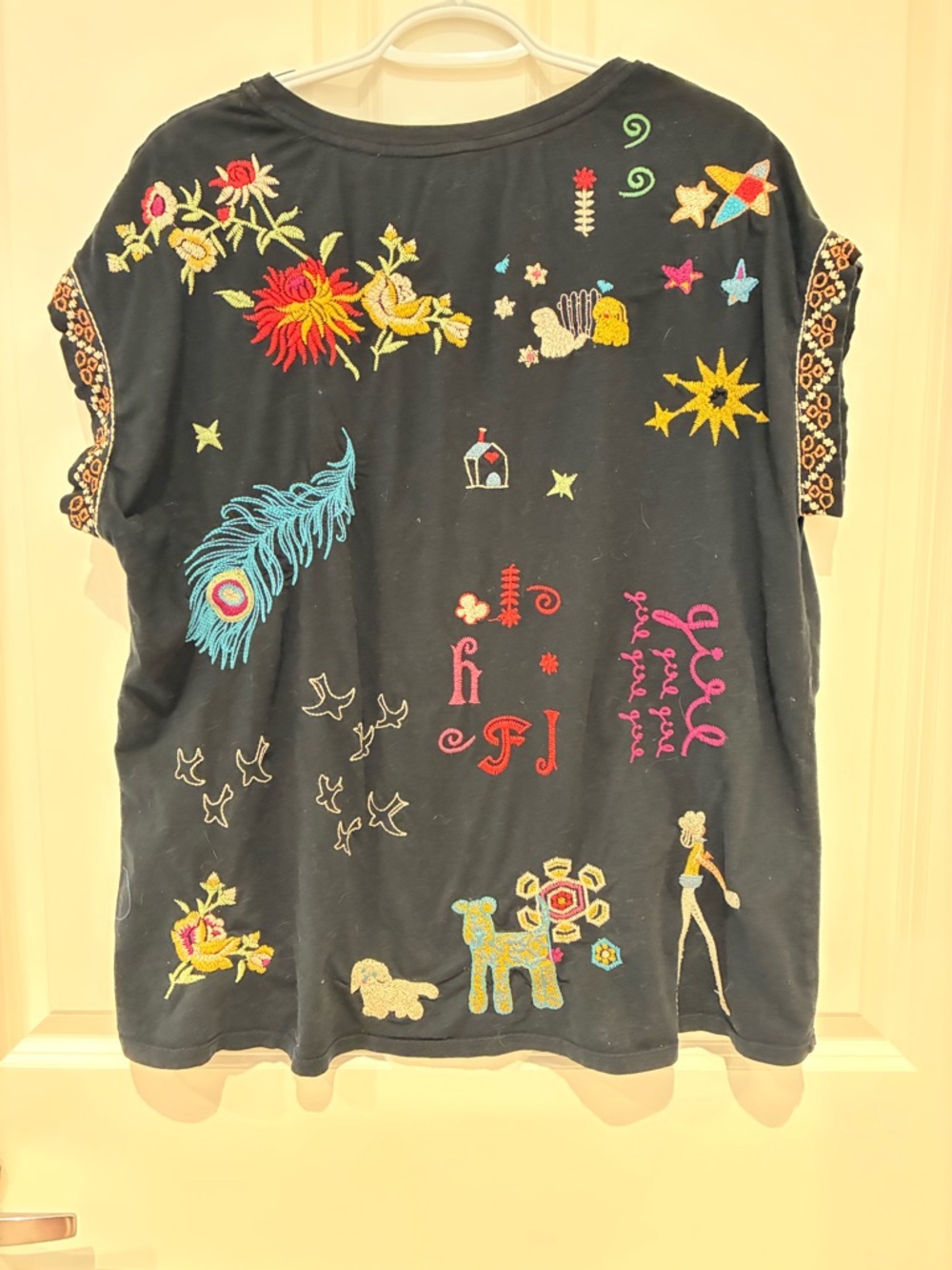 Johnny Was Black Short Sleeve Tee with Multicolor Embroidered Motifs - Picture 2 of 4